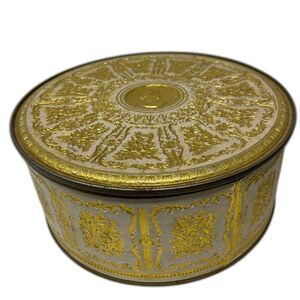 Vintage Guildcraft Large 10" Cookie Biscuit Tin Container Embossed Flower Gold